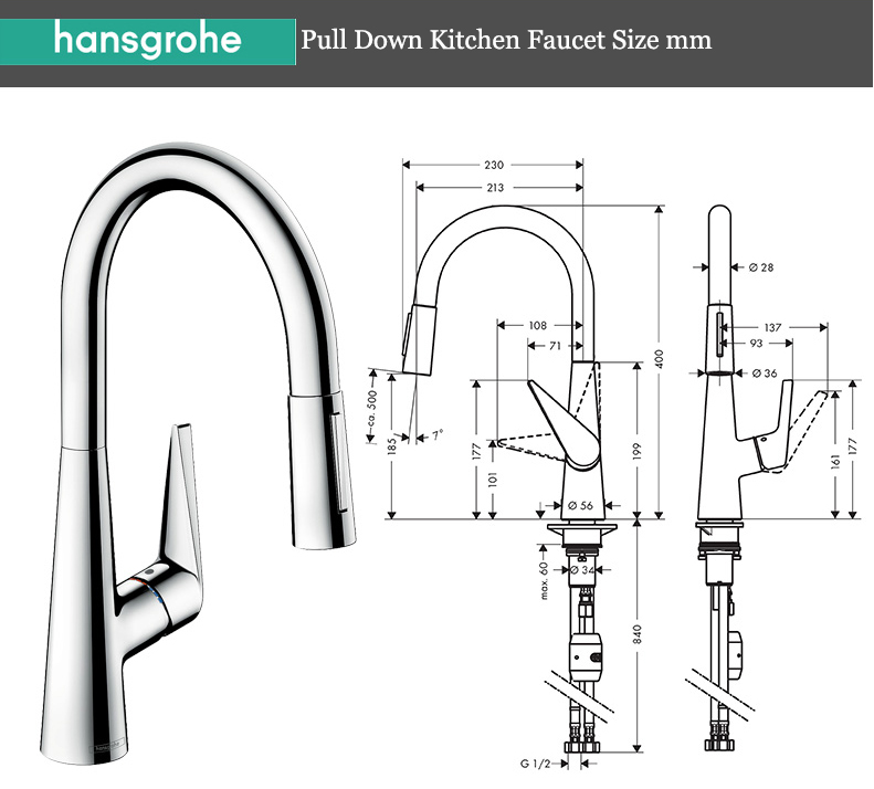 Hansgrohe Kitchen Faucet 72813 Polished Chrome Pull Out Kitchen Taps